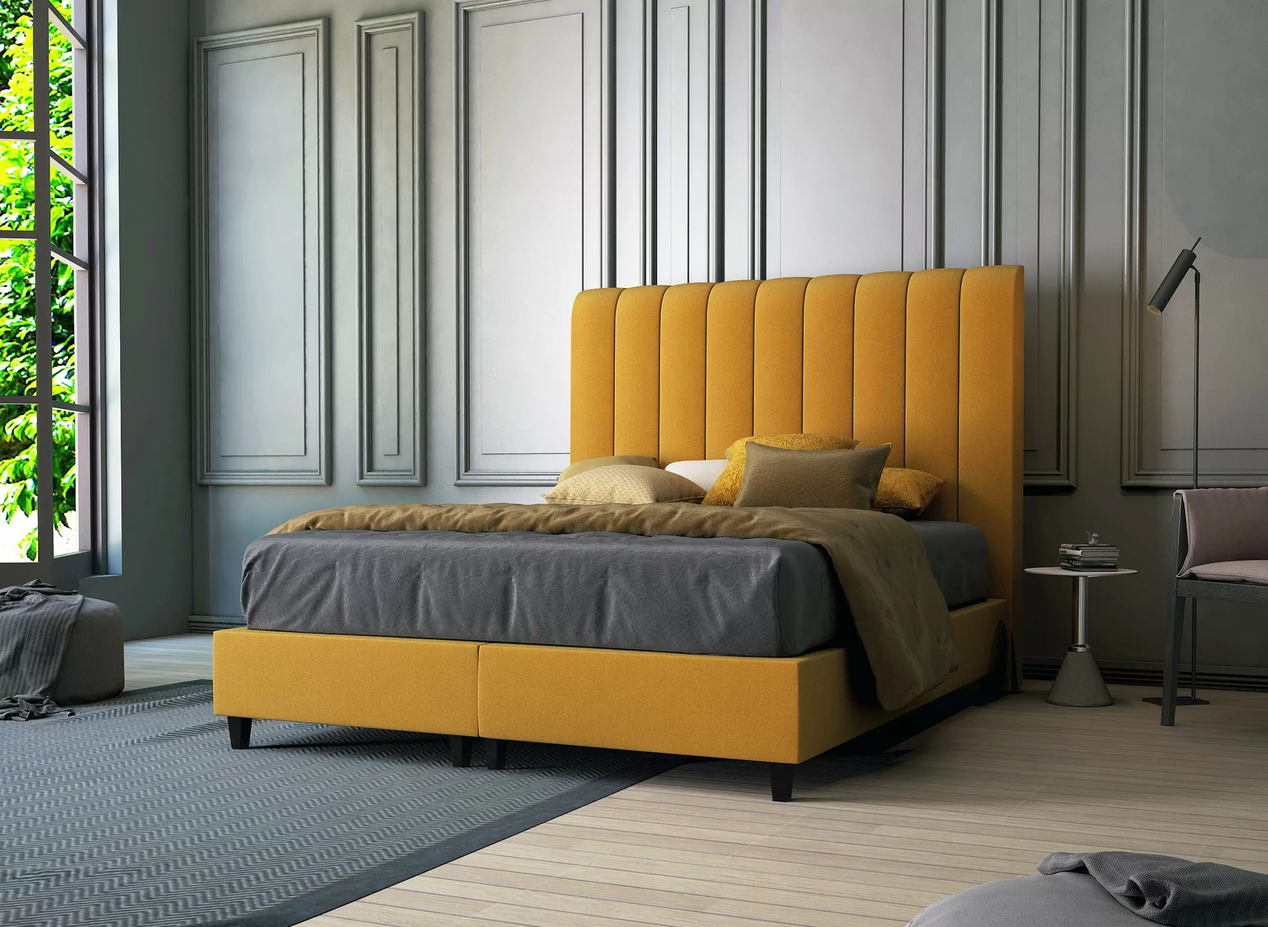 Горчичная кровать. Box Spring кровати. Кровать горчичного цвета. Спальня с желтой кроватью. Кровать с желтым изголовьем.